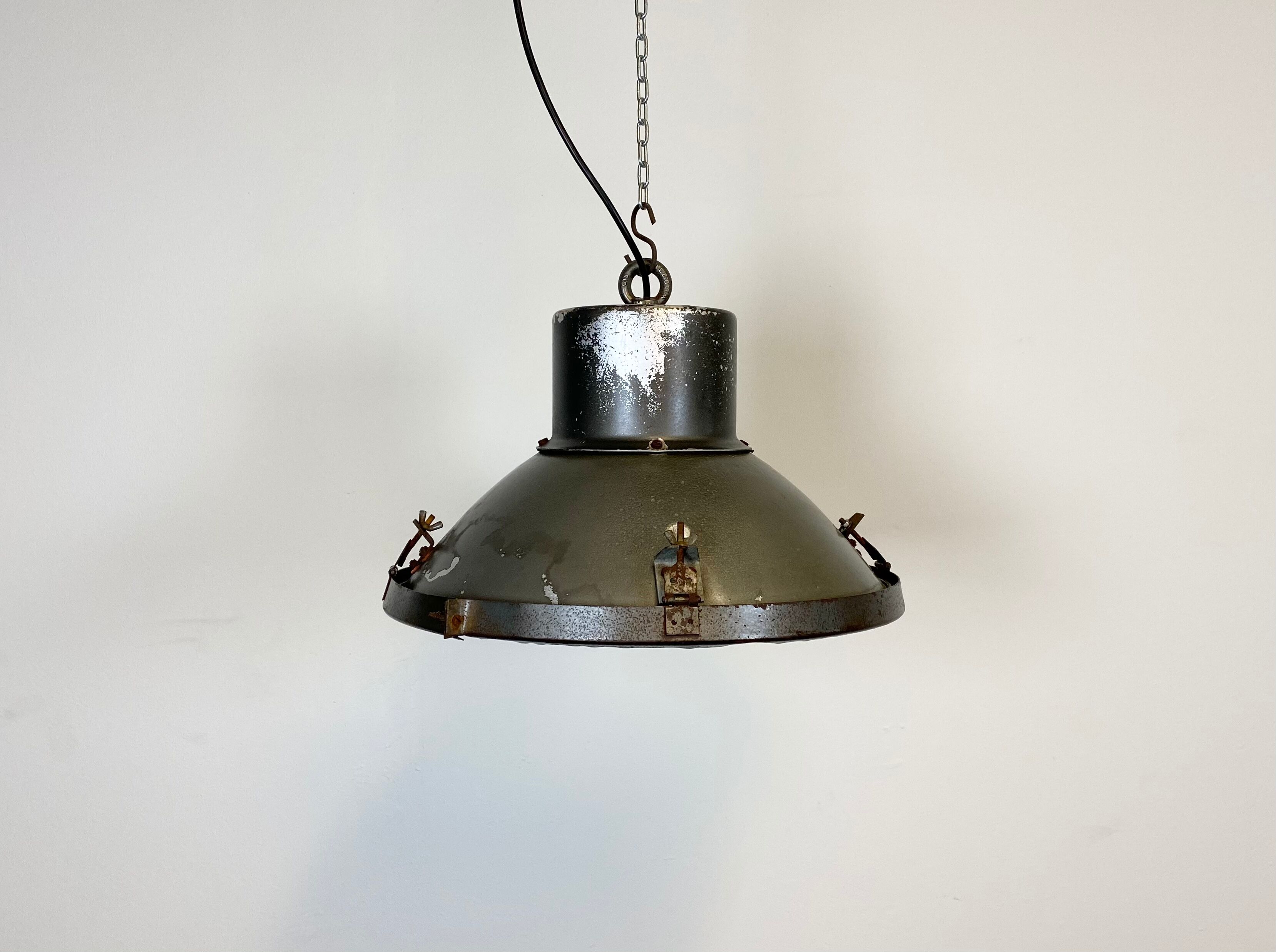 Industrial aluminium factory lamp with glass cover, 1960s