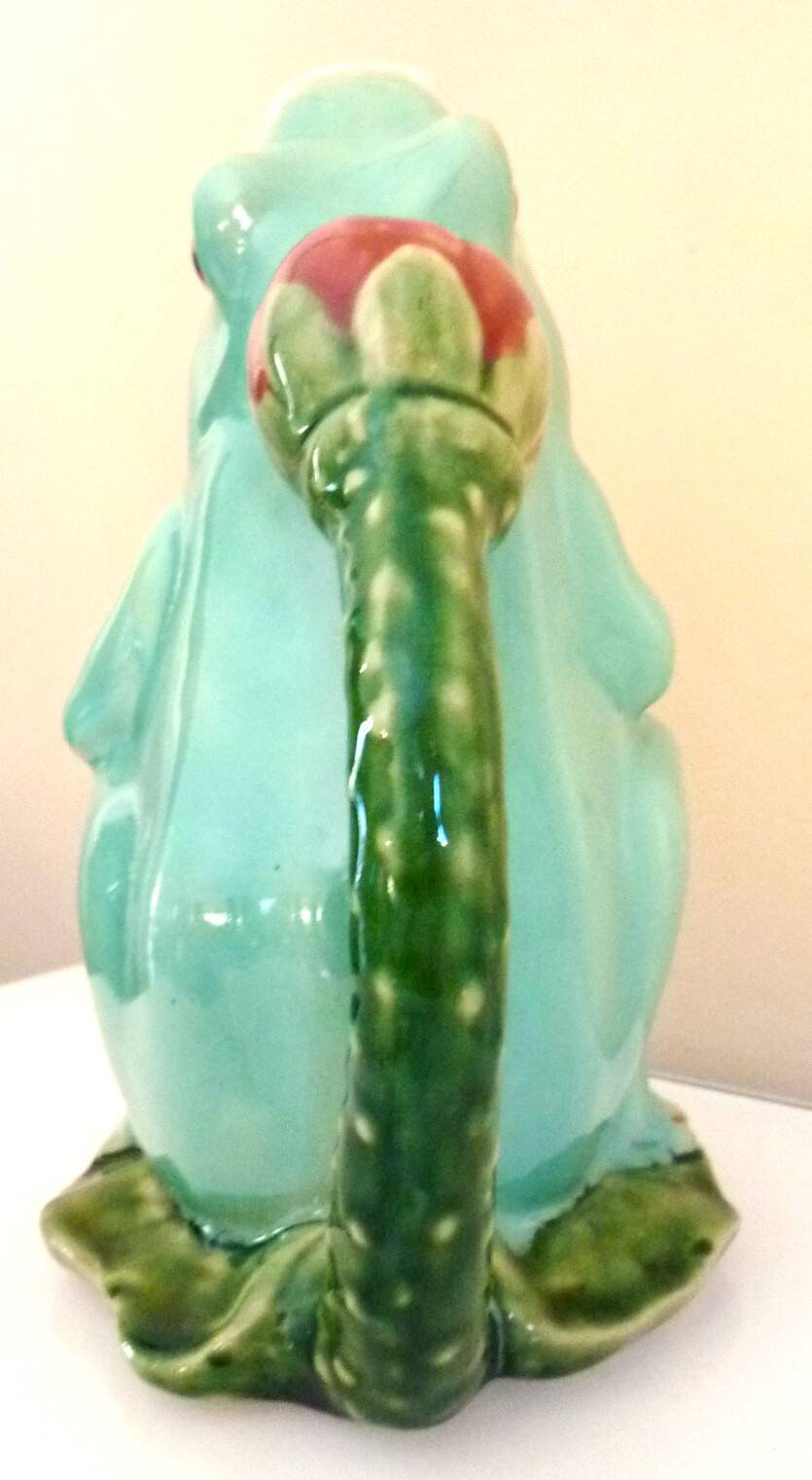 Frog pitcher, glazed ceramic, slipware, signed Athezza Franca