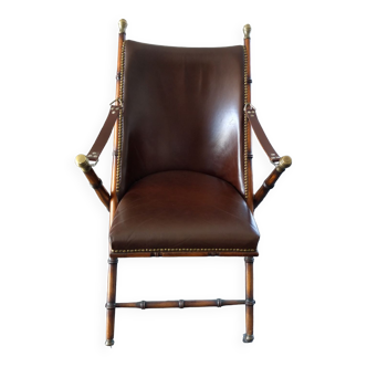 Fauteuil de campagne pliant bois et cuir