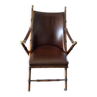 Folding wood and leather country armchair