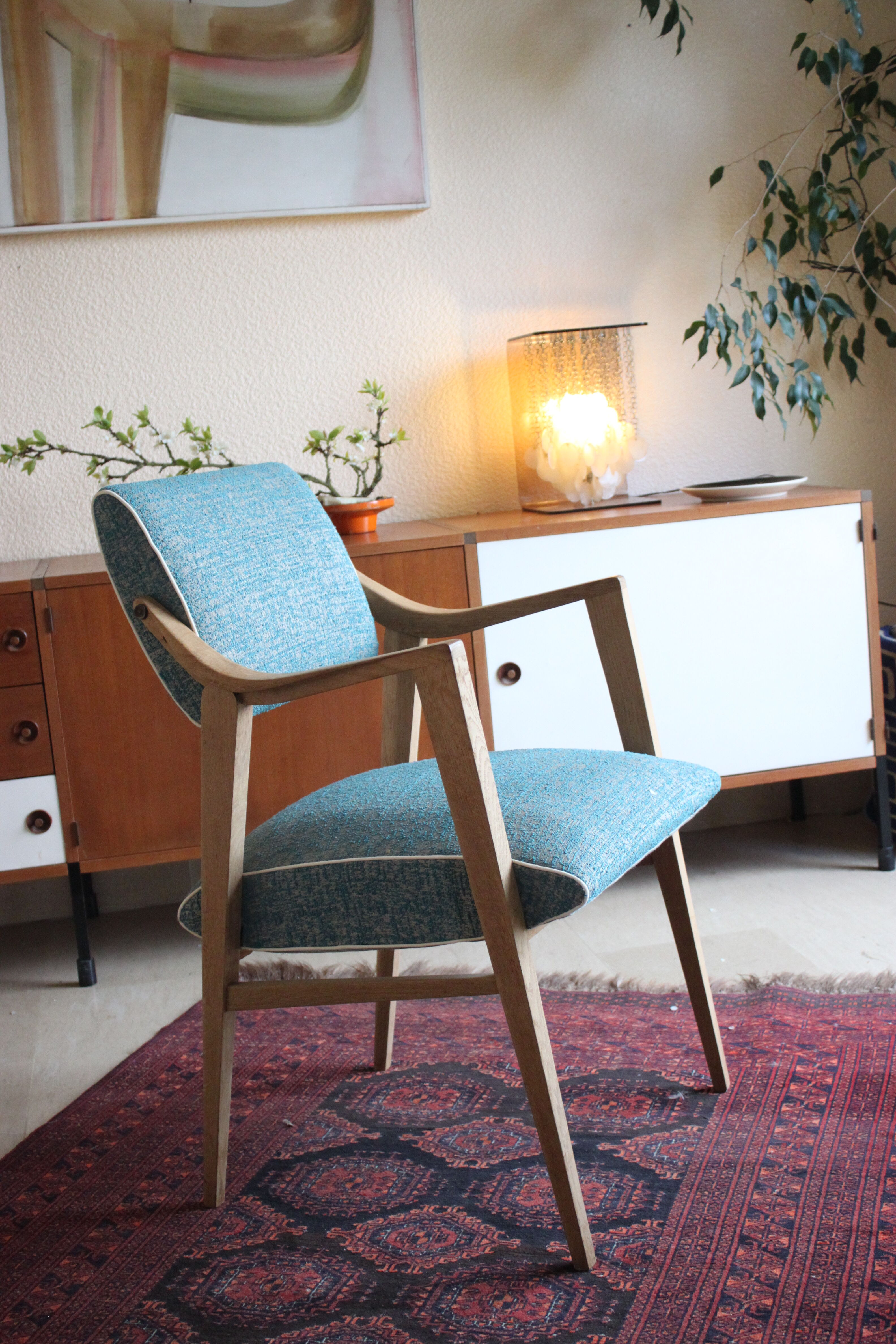 Rare vintage armchair freeform ergonomic compass 1960, Royer, blue