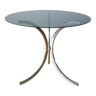 Round living room table in smoked/blue glass and chrome star bases Design 1970