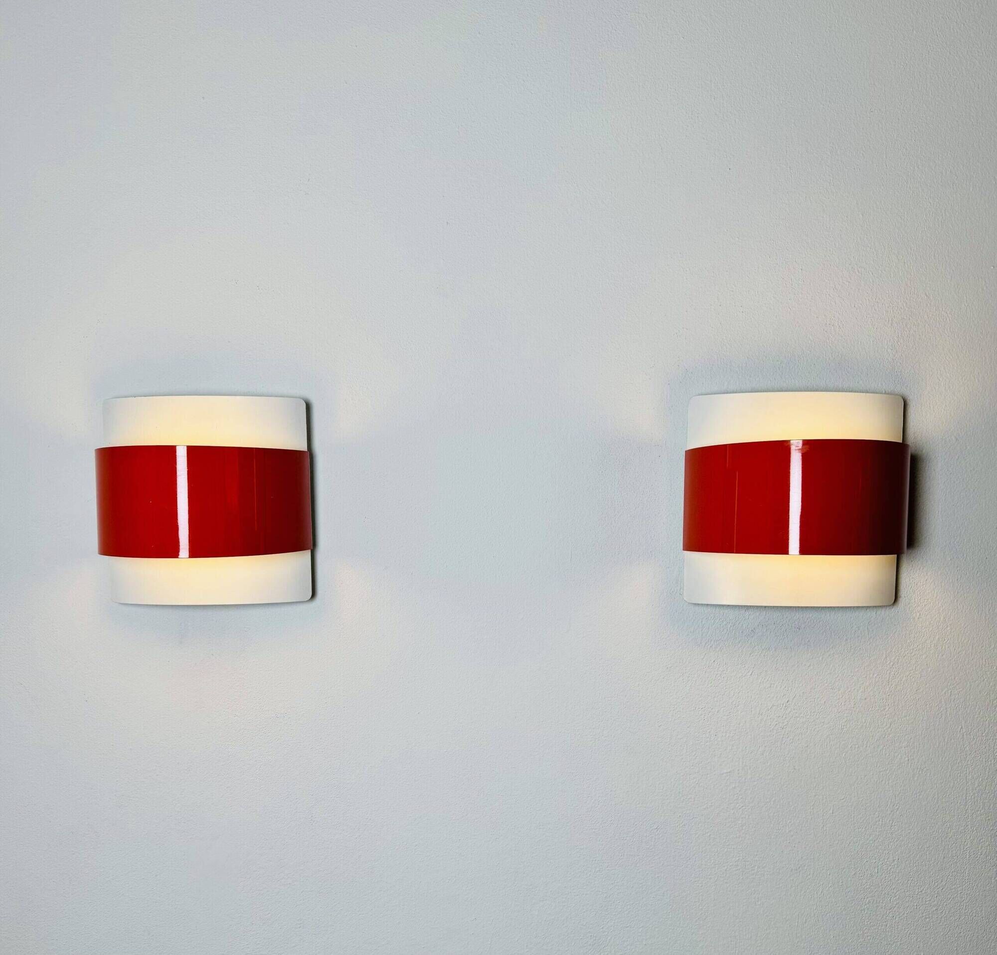 Curved Wall Lamps In Red And White By Peter Celsing For Falkenbergs Belysning, Sweden 1960S