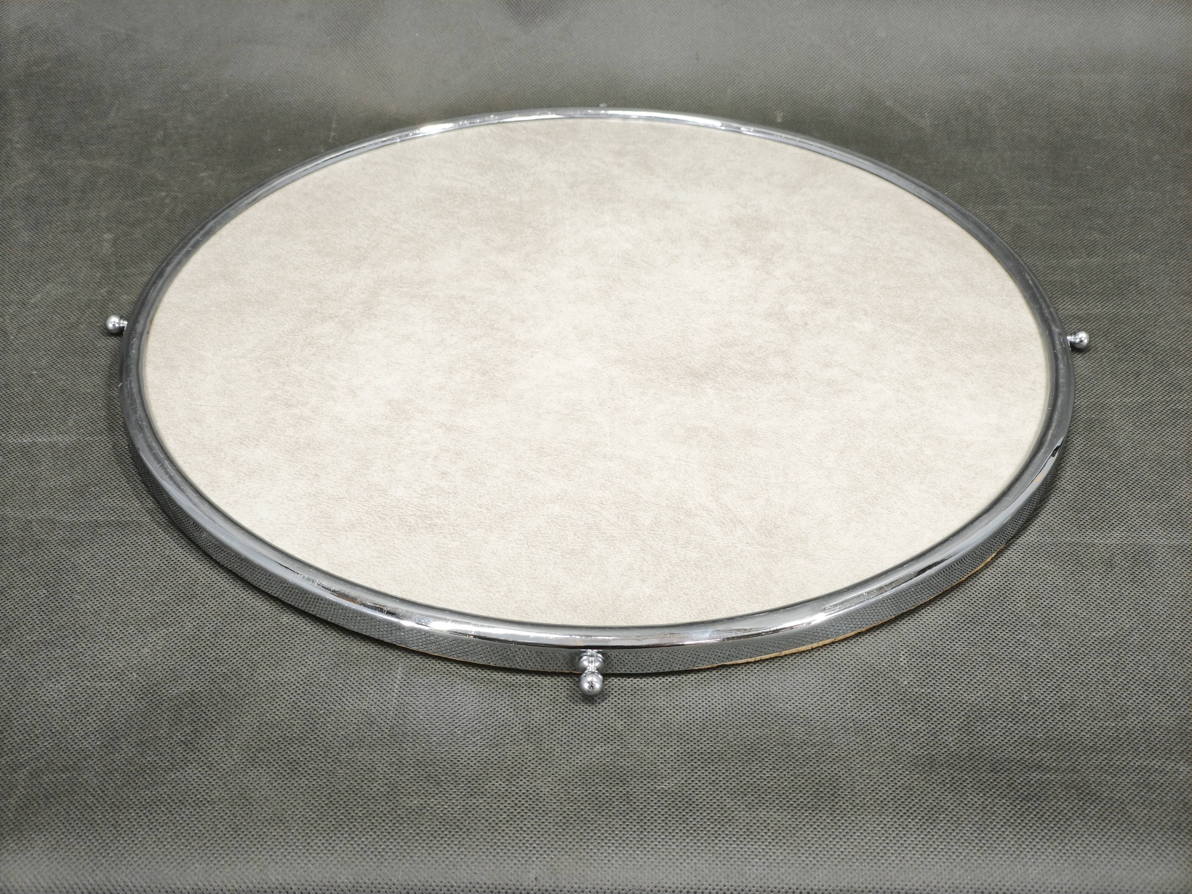 Art Deco Round Chrome, Glass and Wood Serving Tray, Czechoslovakia 1930s