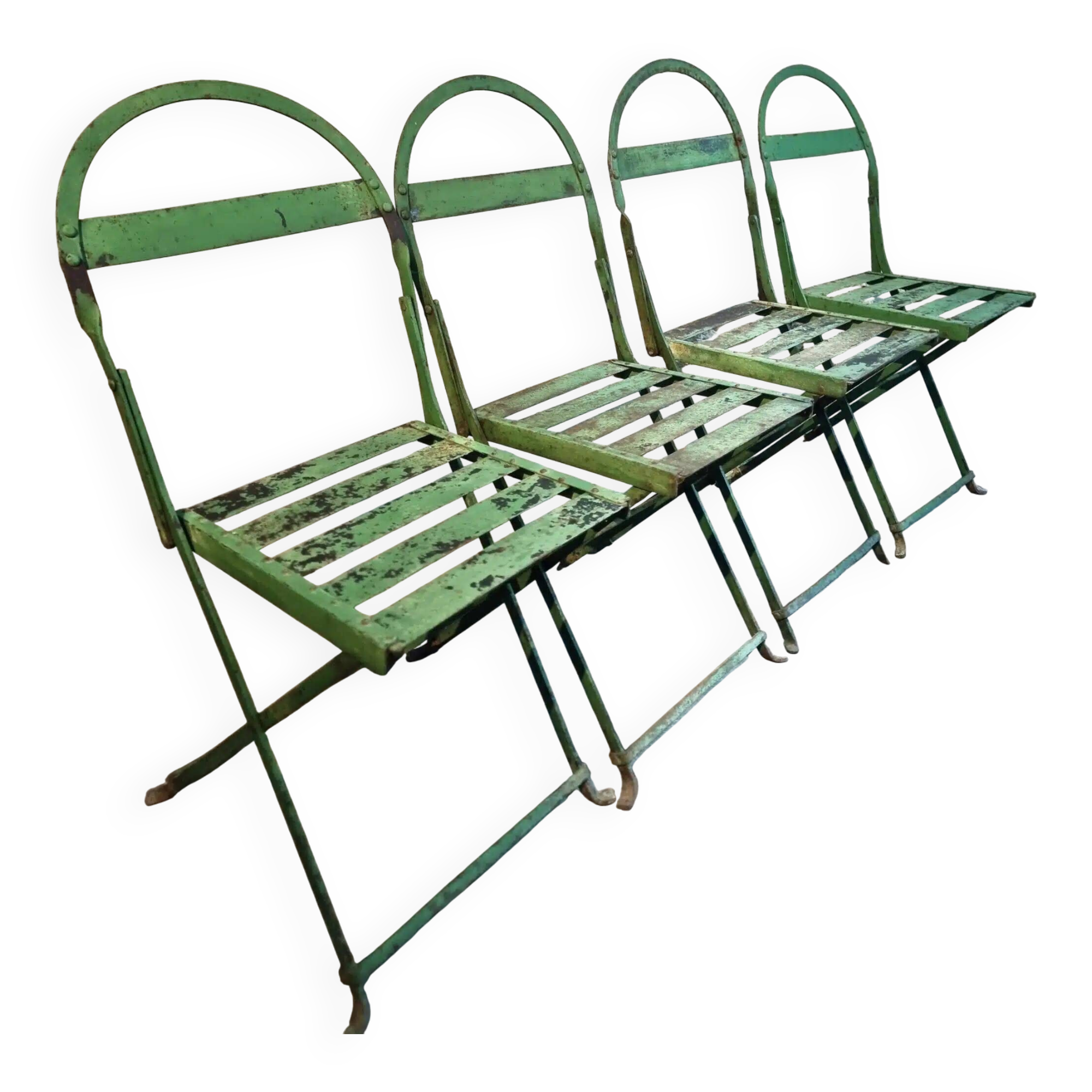 Set of 4 Antique Iron Folding Garden Chairs - 1920s Riveted Bistro Chairs with Aged Green Patina