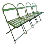 Set of 4 Antique Iron Folding Garden Chairs - 1920s Riveted Bistro Chairs with Aged Green Patina