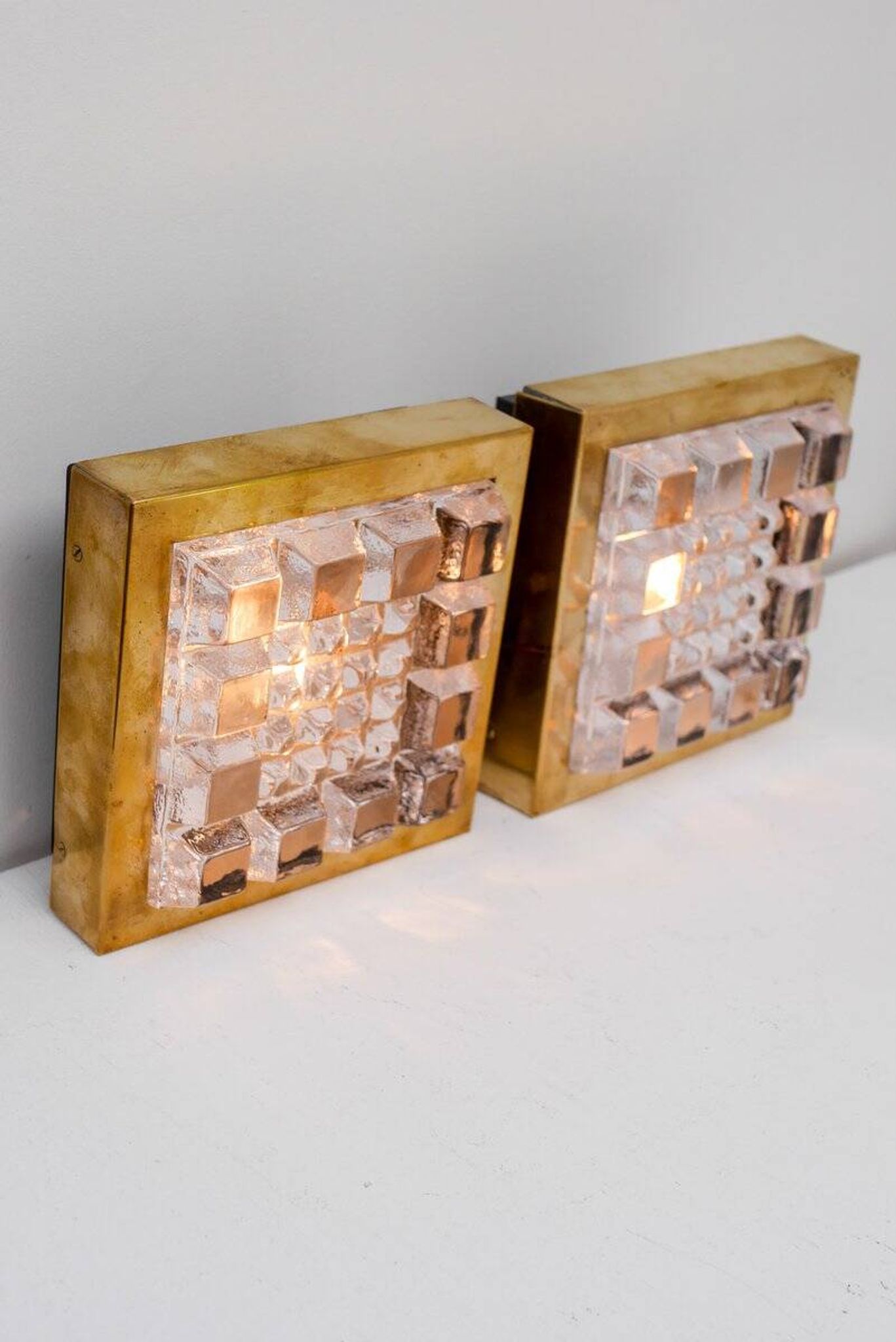 Swedish brutalist glass and brass wall lamps from Falkenbergs Belysning, set of 2