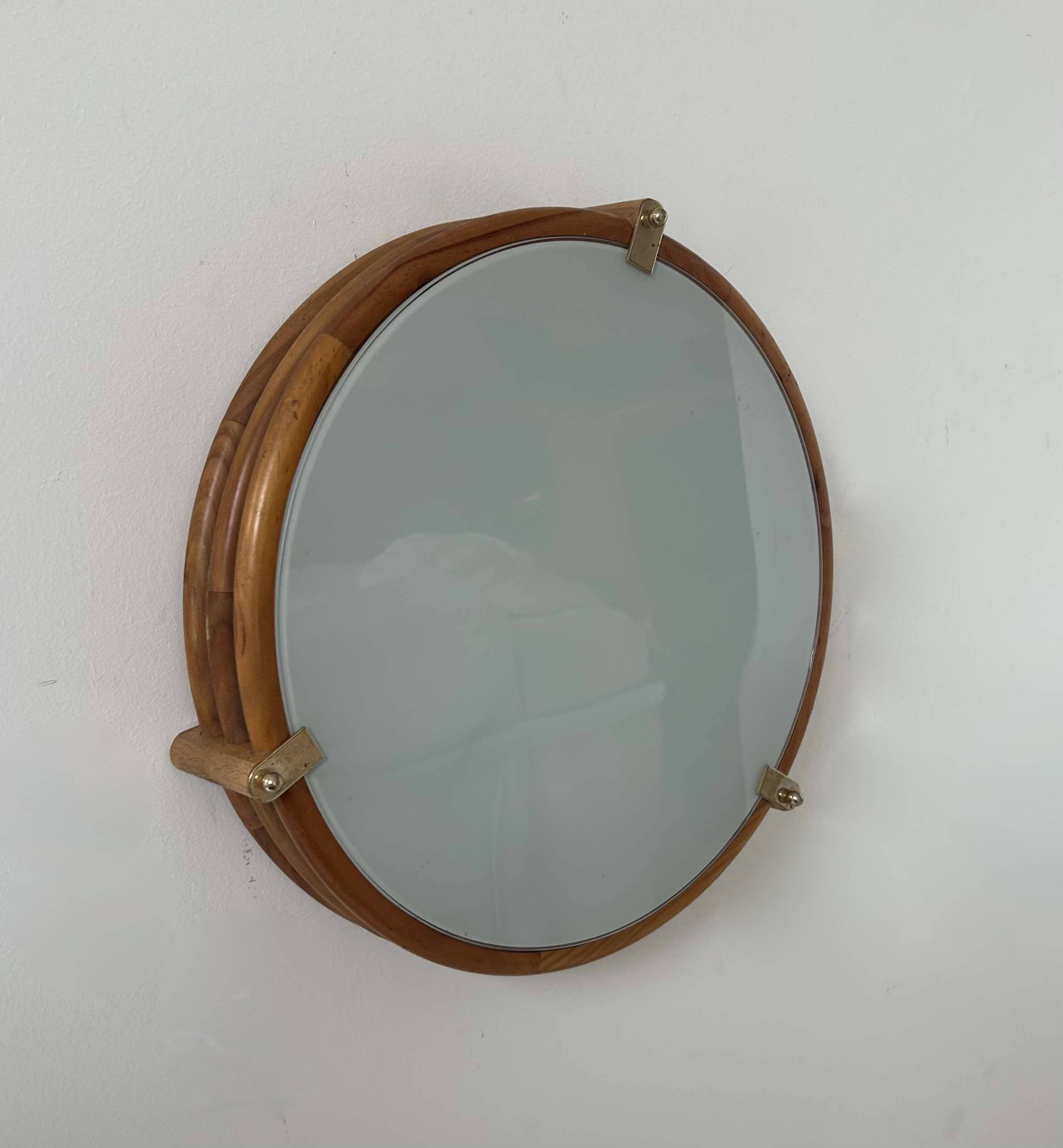 Vintage round wall light, wood, glass and brass, France 1980