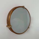 Vintage round wall light, wood, glass and brass, France 1980