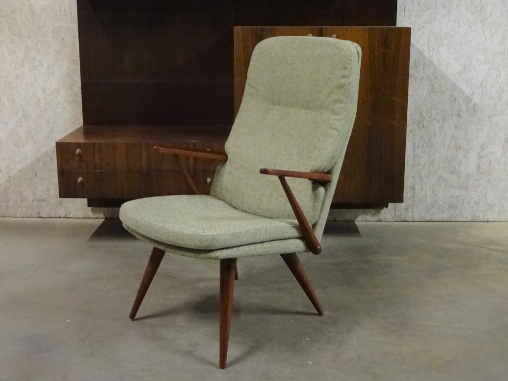 Teak armchair colored by Cor Alons for Firma C. Den Boer Gouda covered with green fabric Reseda mixture