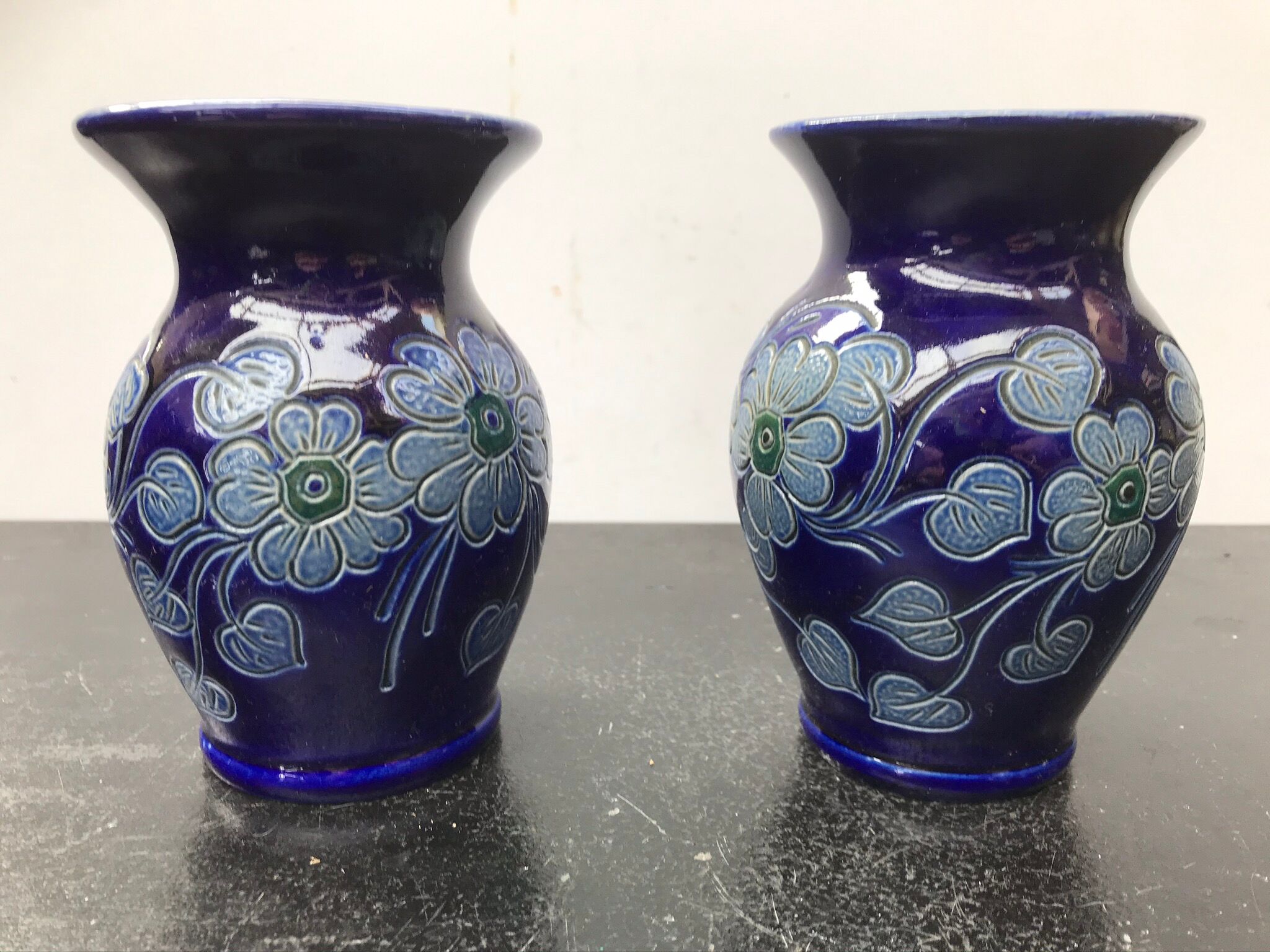 Pair of old Betschdorf vases in vintage Alsace blue enamelled stoneware