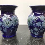 Paire de vases ancien Betschdorf grès émaillé bleu alsace vintage