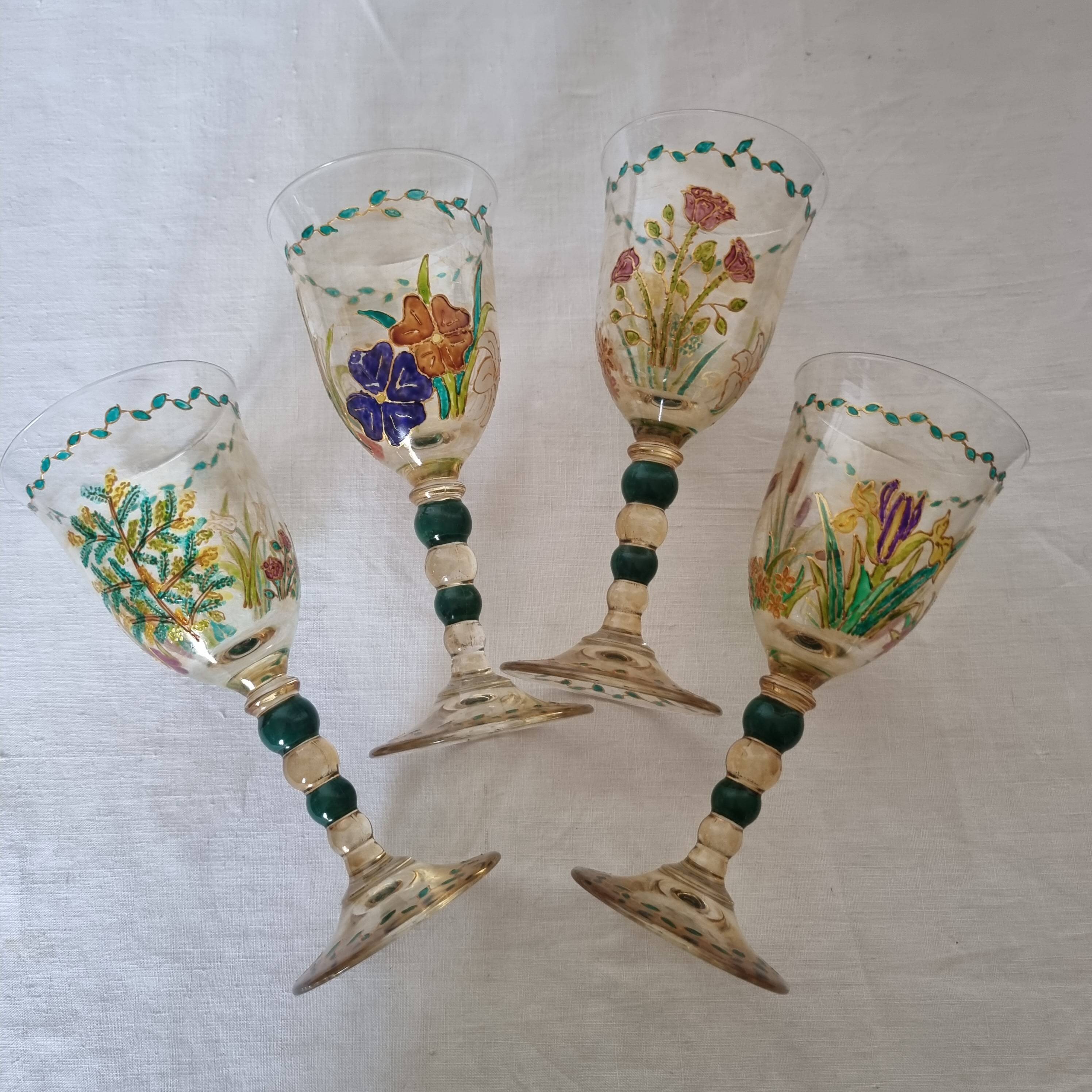 Set of 4 antique hand painted glass water or wine glasses with details inspired by the style