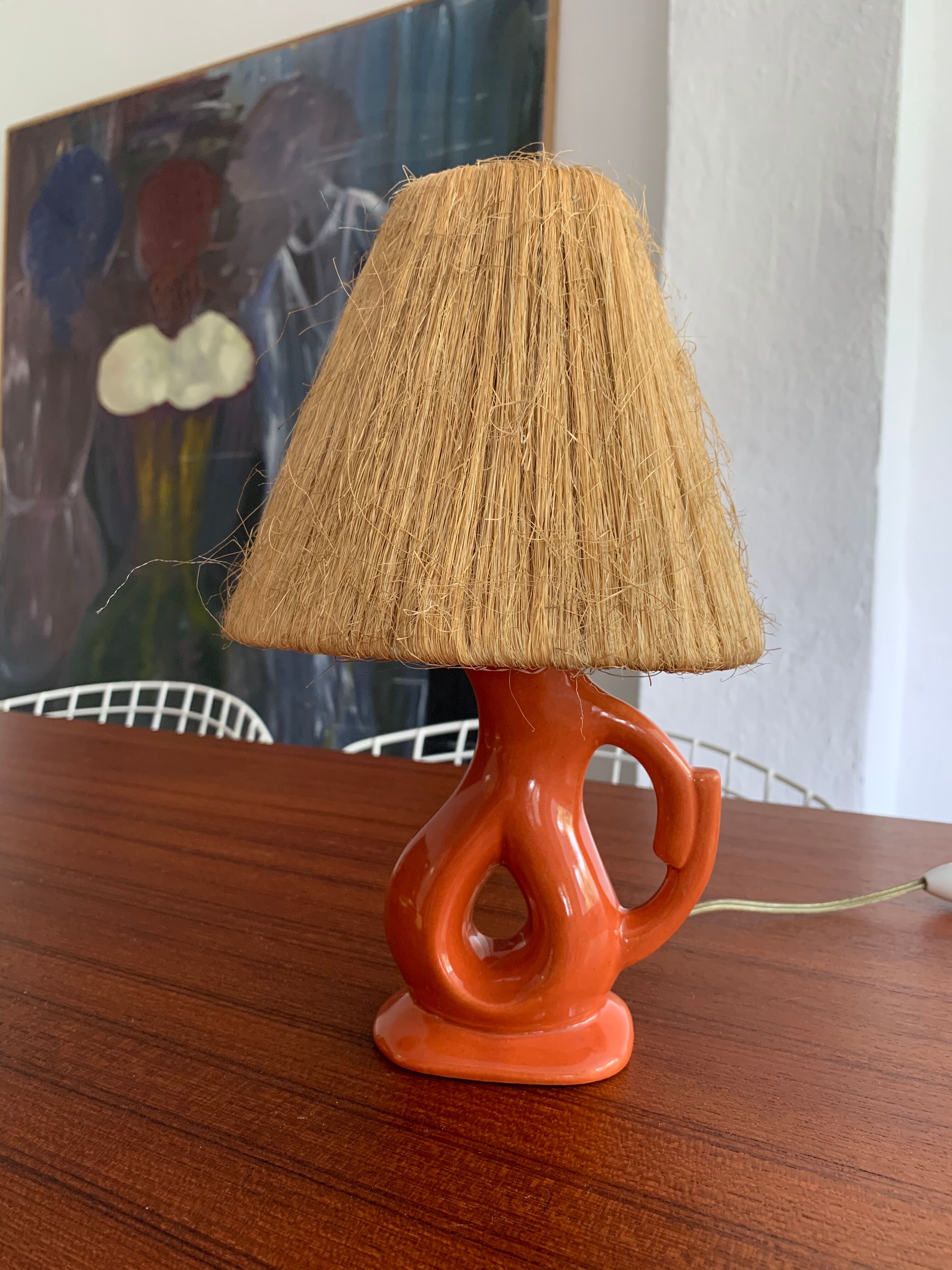 Vintage ceramic and raffia lamp
