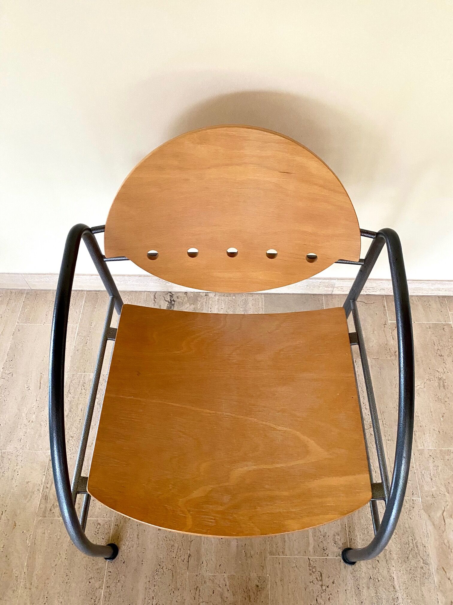 Pair of wooden and steel armchairs, 1980's