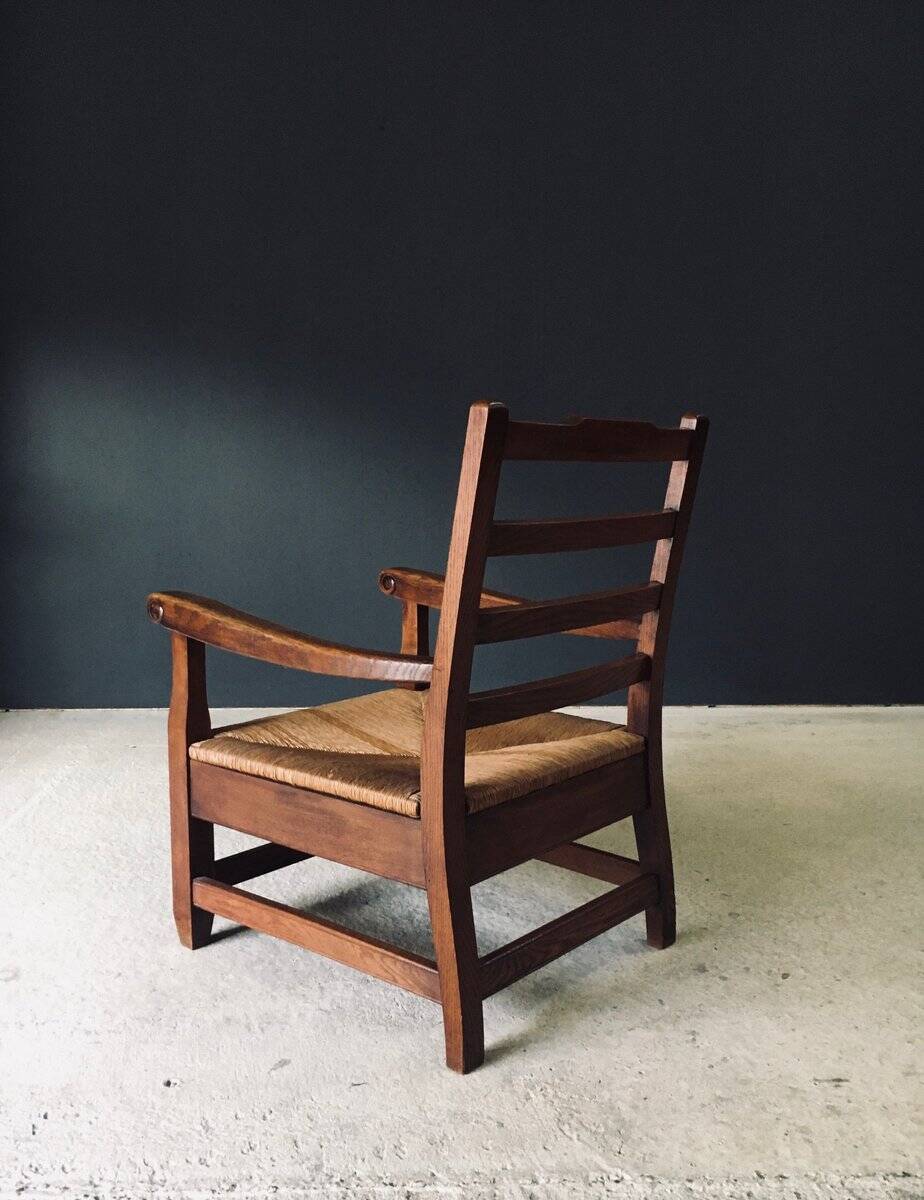 Rustic Oak & Rush Armchair, France, 1930s