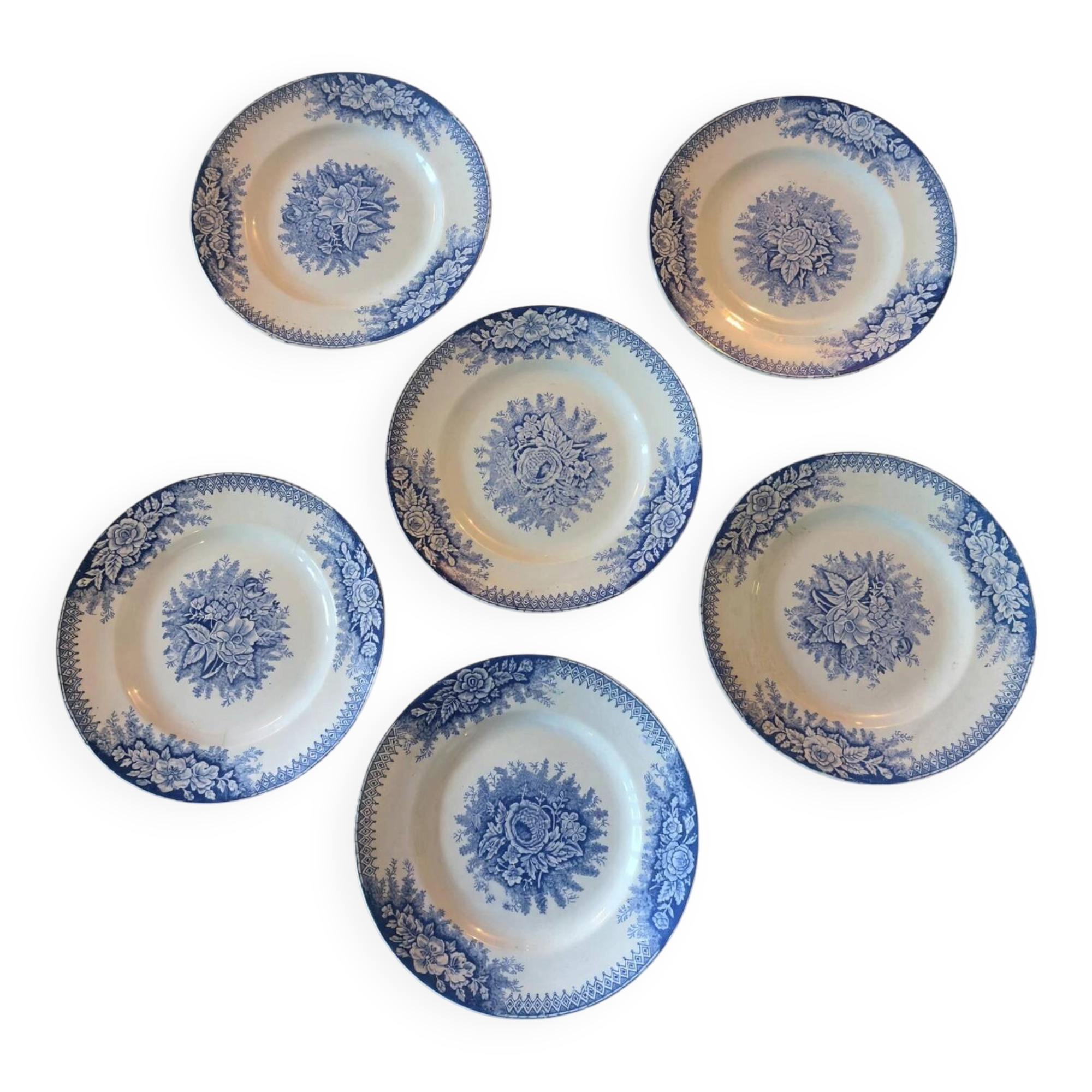 Set of 6 plates Terre de fer St Amand & Hamage, Jardinière blue model.