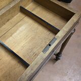 Antique wooden work table, inlaid top and interior mirror.