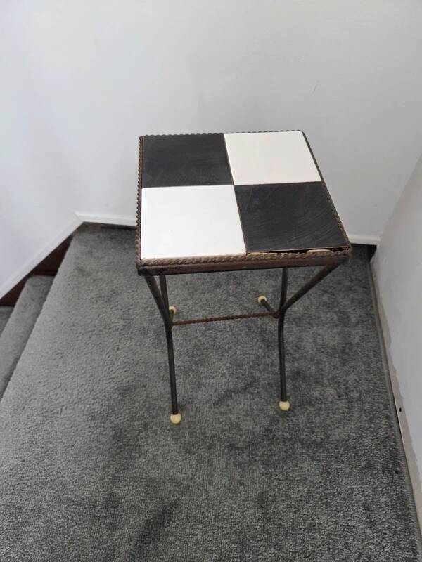 Vintage art deco table in wrought iron and black and white ceramic
