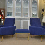 Pair of armchairs and ottoman vintage 1950 in blue velour and brass