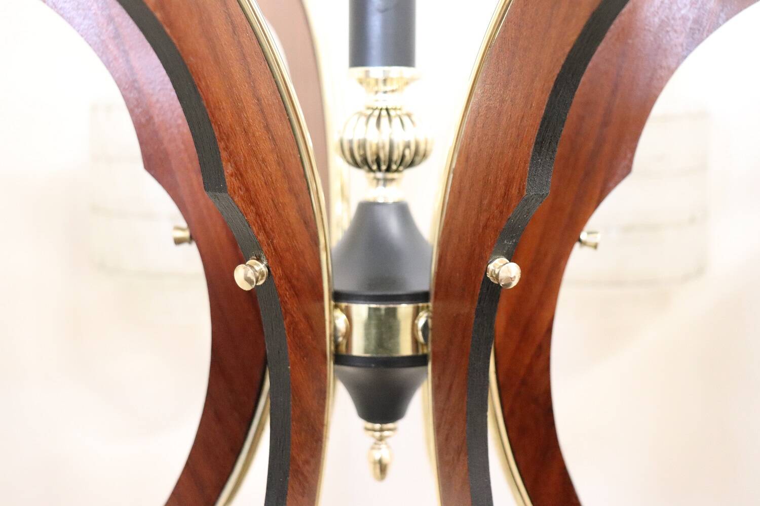 Glass, wood, brass and black lacquered metal chandelier, Italy, 1950