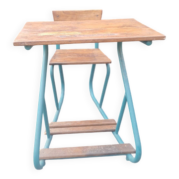 Old single school desk – wood and turquoise metal – year