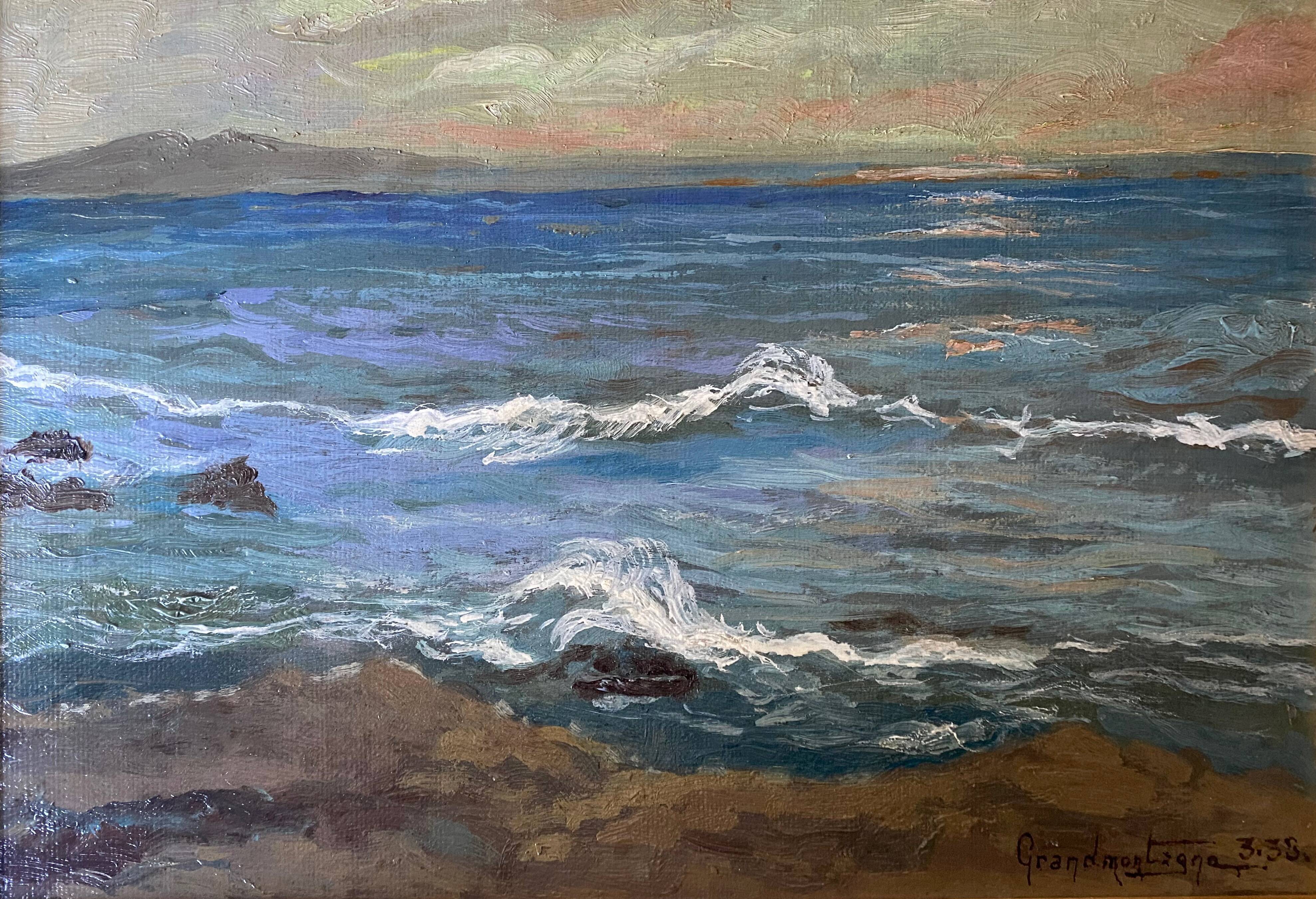 Painting Landscape Marine 1938 HST signed Grandmontagne + Orientalist frame