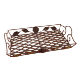 Rectangular metal serving tray with floral decoration.