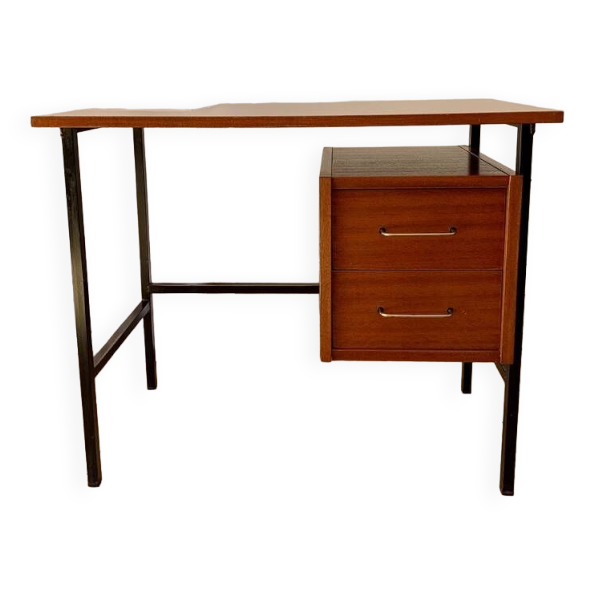 lacquered wood desk and black steel legs design from the 60s and 70s