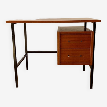 bureau en bois laqué et pieds en acier noir design années 60-70