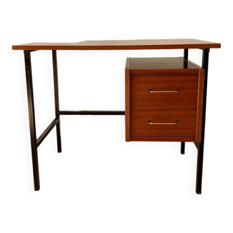 bureau en bois laqué et pieds en acier noir design années 60-70