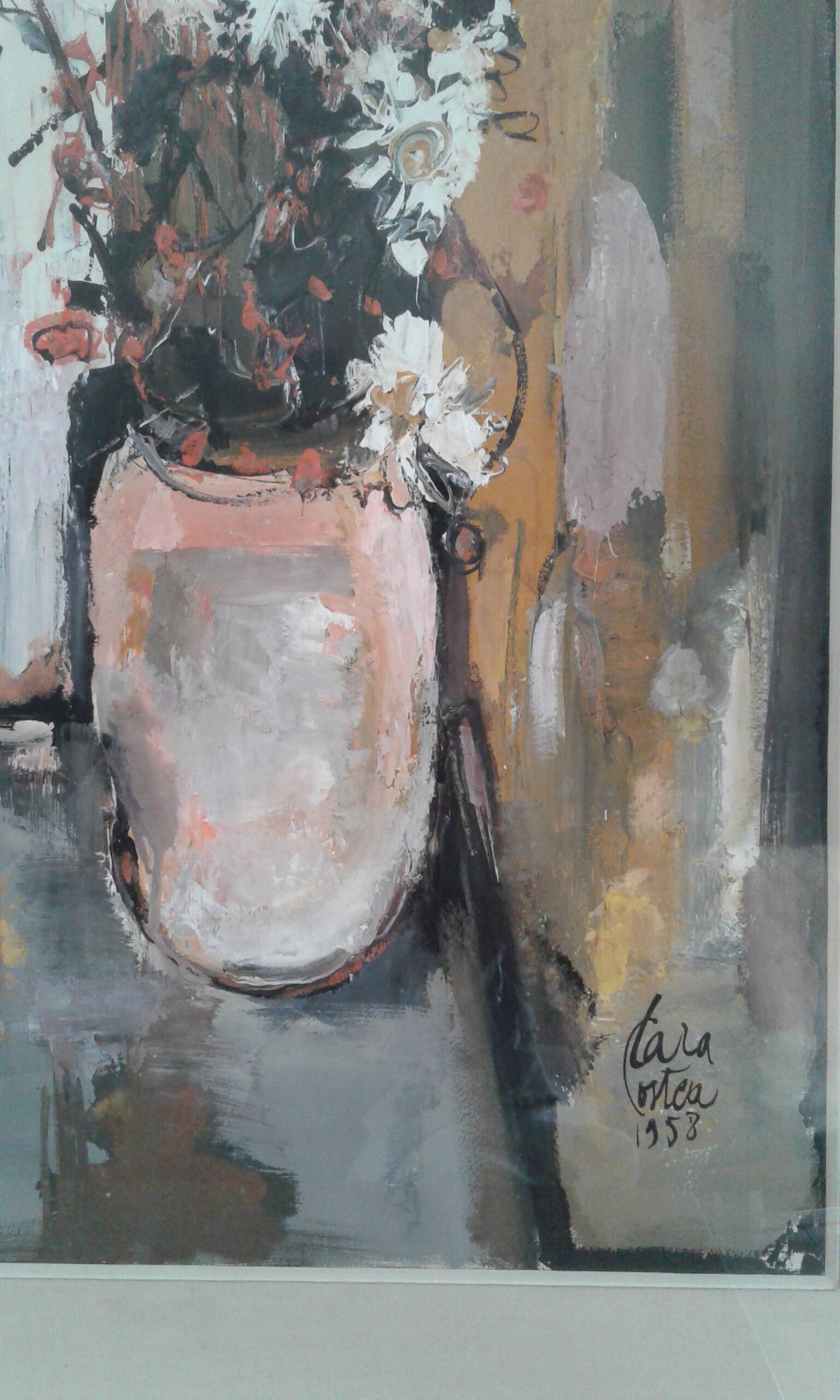 Ancient table . still life with a bouquet of flowers.  1958