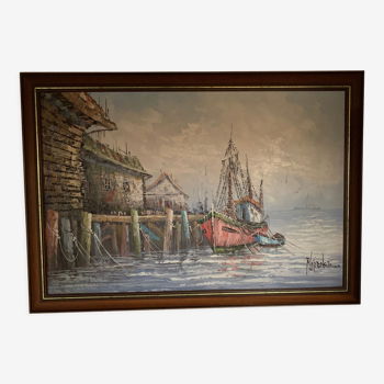 Table boats in port signed Florence