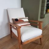 Scandinavian style armchair in solid wood, reupholstered