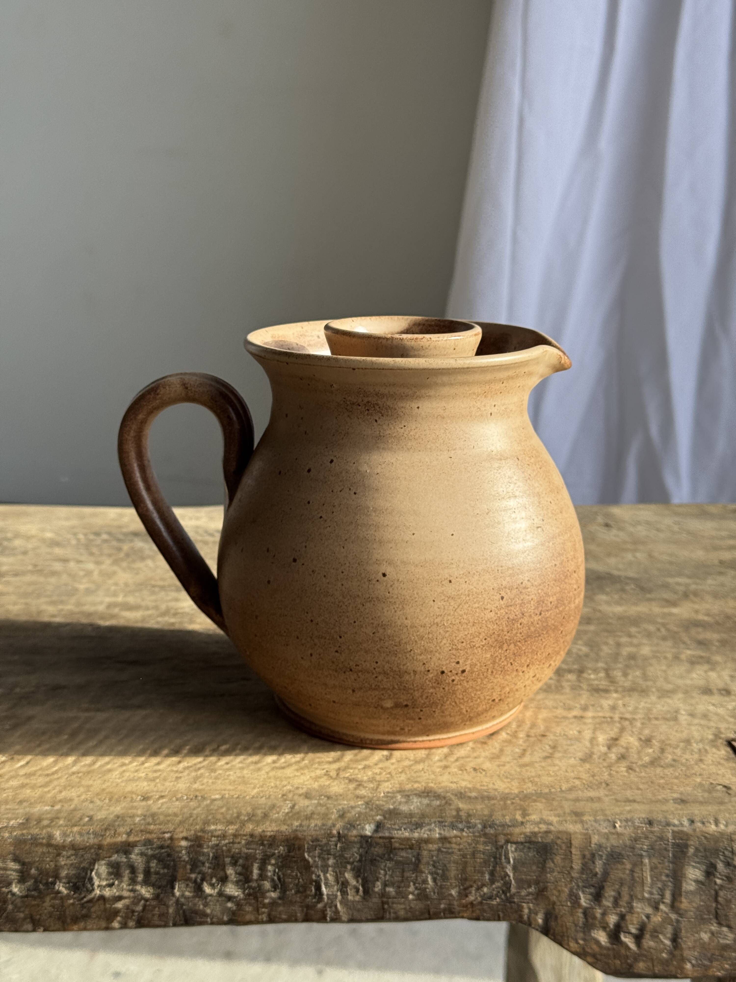 Vintage brutalist stoneware pink wine cooler pitcher H19