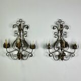 Wrought iron wall lights (pair) with foliage decoration