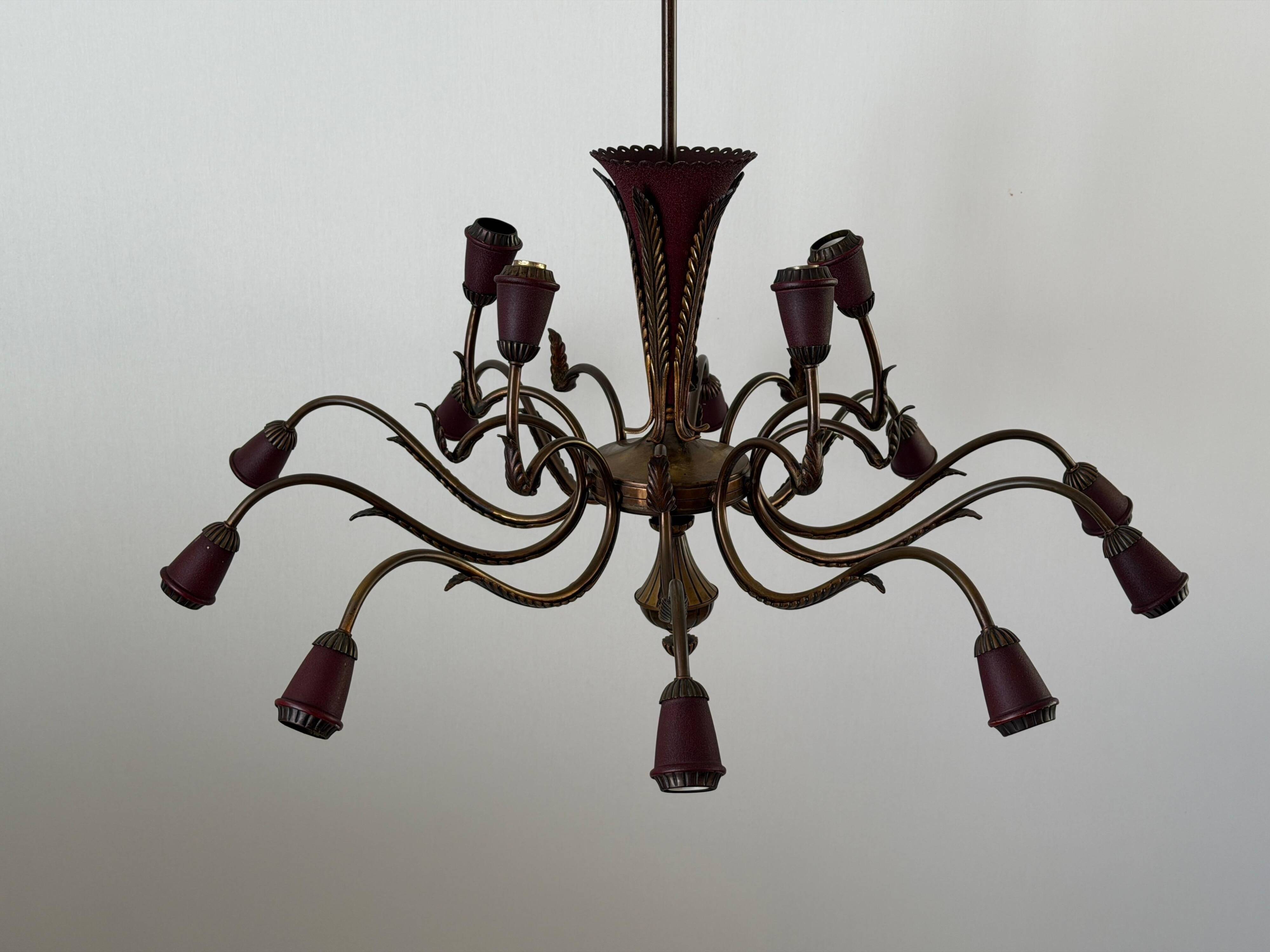 Large Burgundy brass chandelier with 15 arms, 1950, Italy