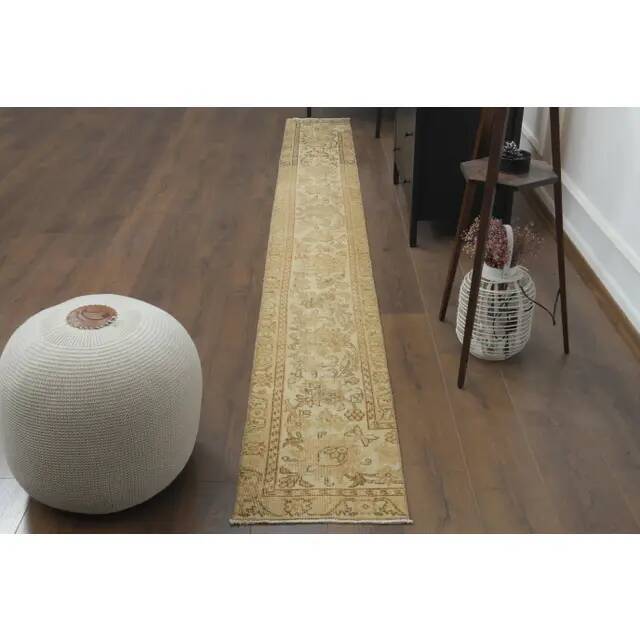 1970s Vintage Turkish Hand-Knotted Wool Cotton Beige Runner Rug 45x388