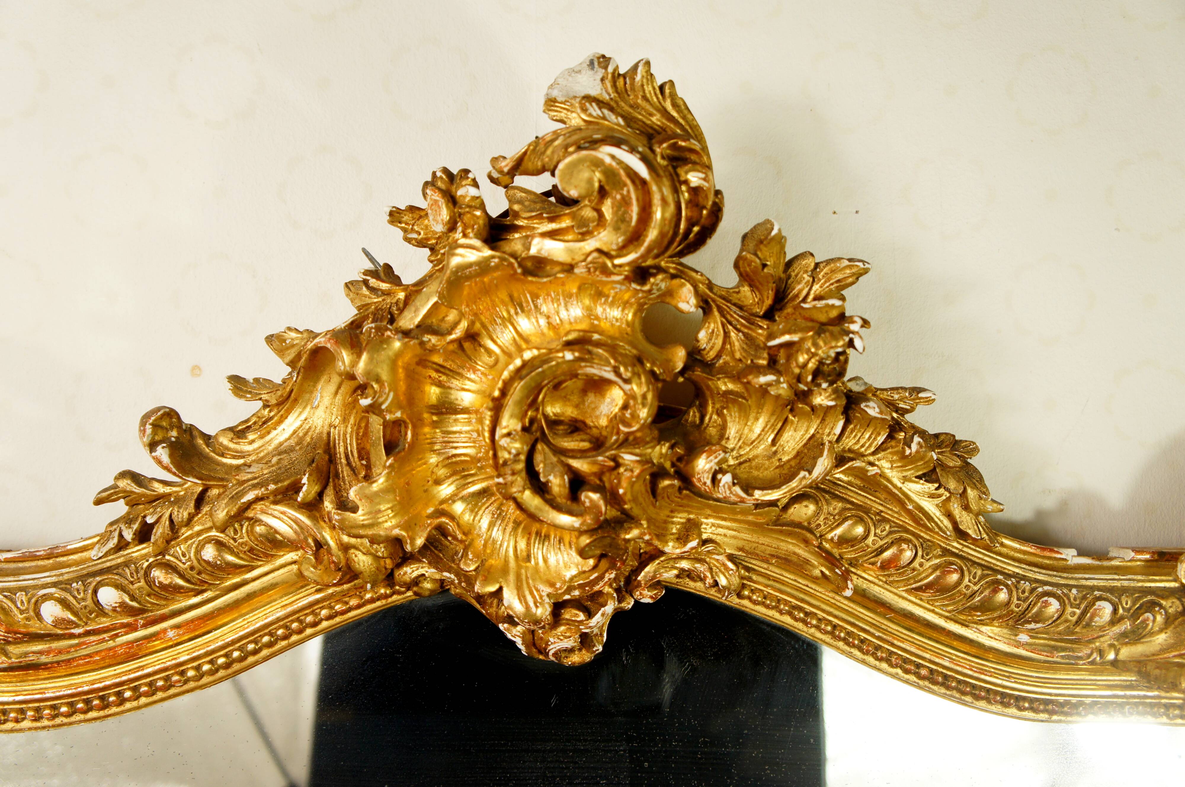 Miroir de style Louis XV doré feuille d'or, XIXe siècle - 142x90
