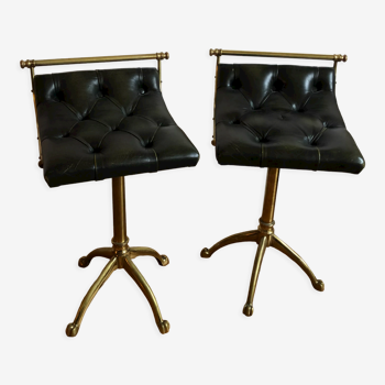 Pair of Chesterfield style brass and leather stools