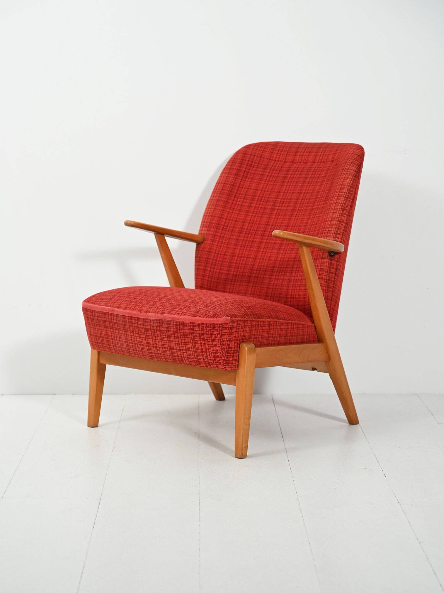 Scandinavian 1950s Beech Armchair with red upholstery