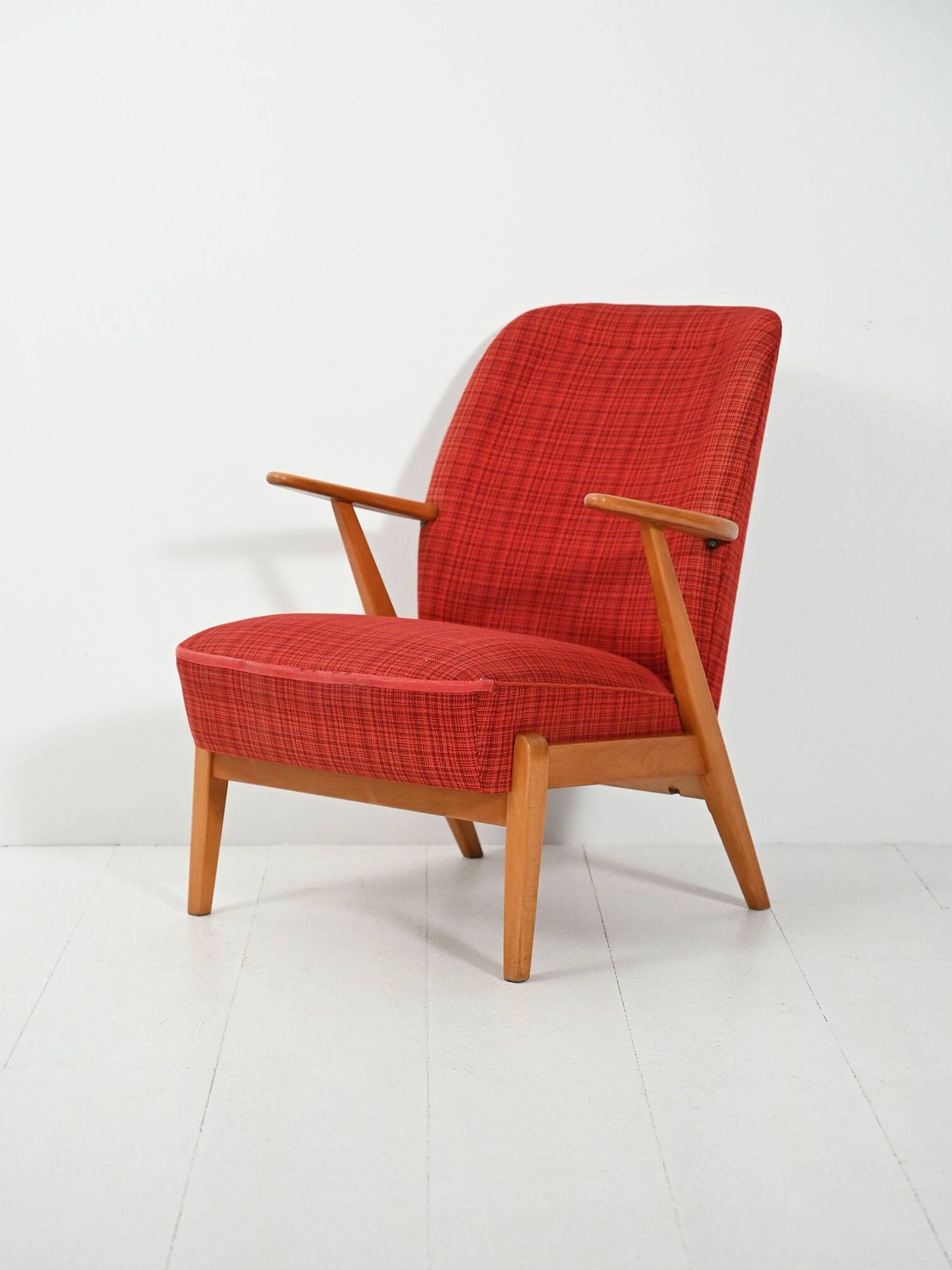 Scandinavian 1950s Beech Armchair with red upholstery