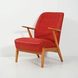 Scandinavian 1950s Beech Armchair with red upholstery