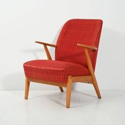 Scandinavian 1950s Beech Armchair with red upholstery