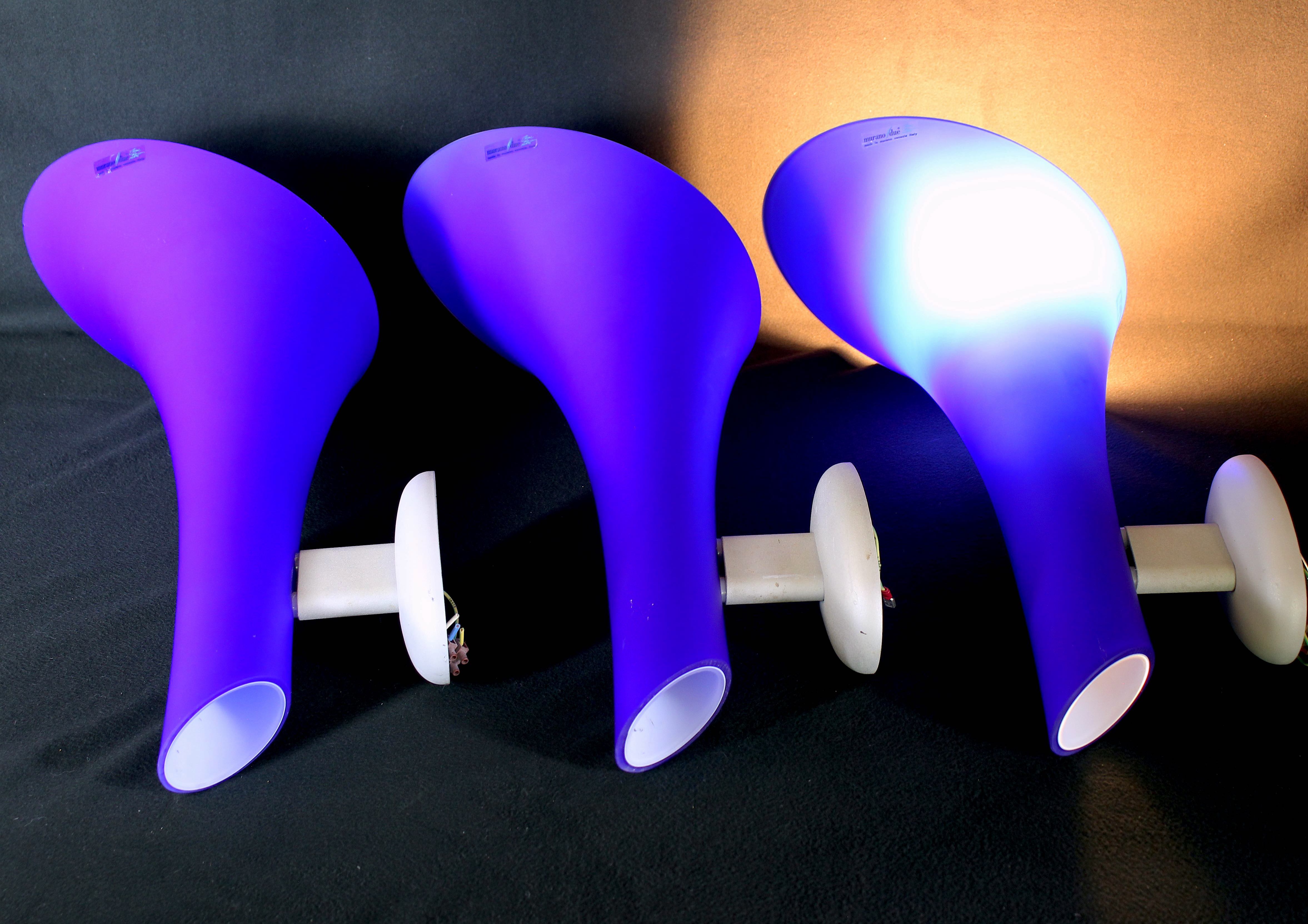 Carlo nason, 3 postmodern sconces, blue murano glass for "murano due"