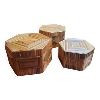 Lot of nesting boxes in straw marquetry