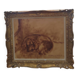 cadre ancien bois + peinture à l huile signe