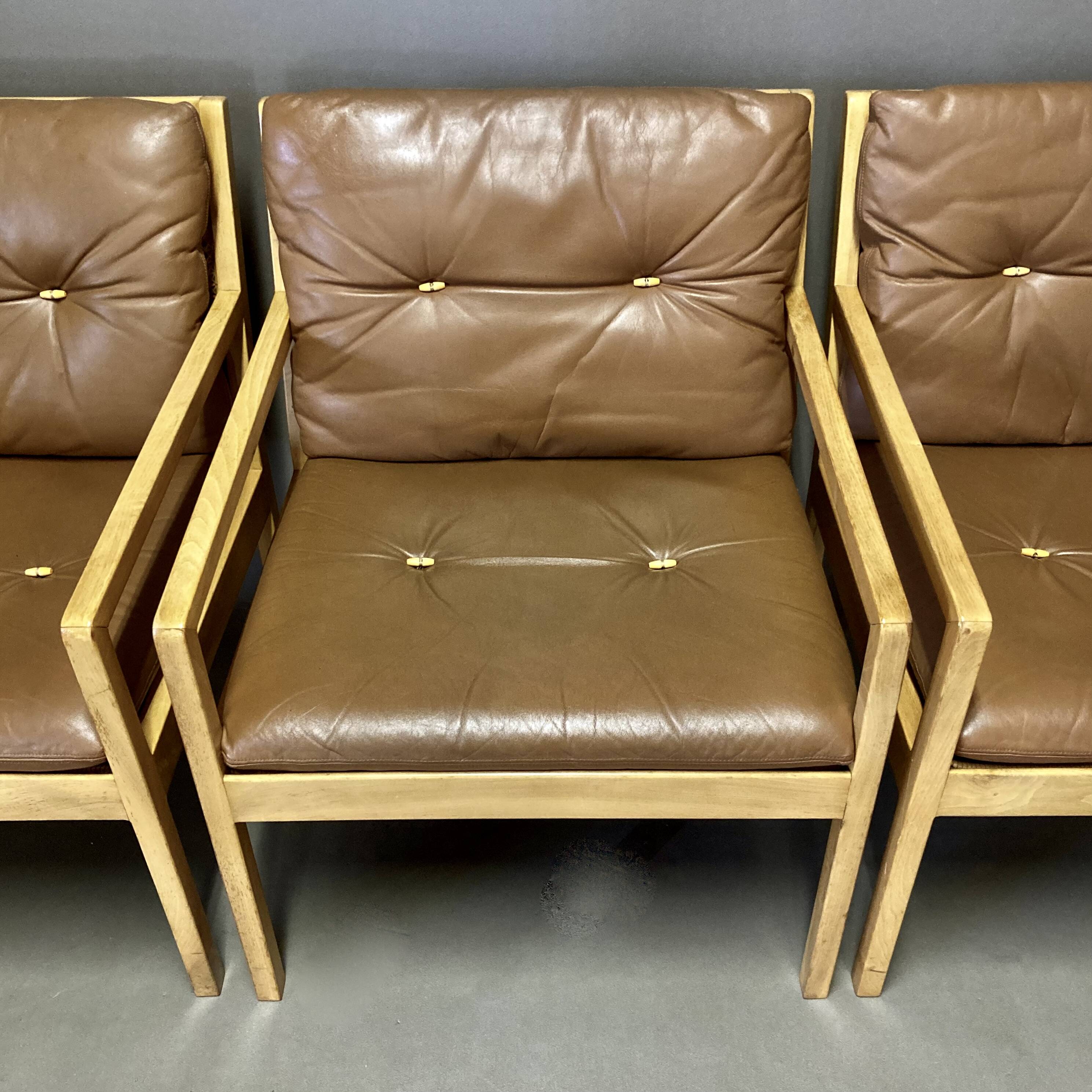 Set of three Scandinavian design leather armchairs "Bernt Petersen" 1960.