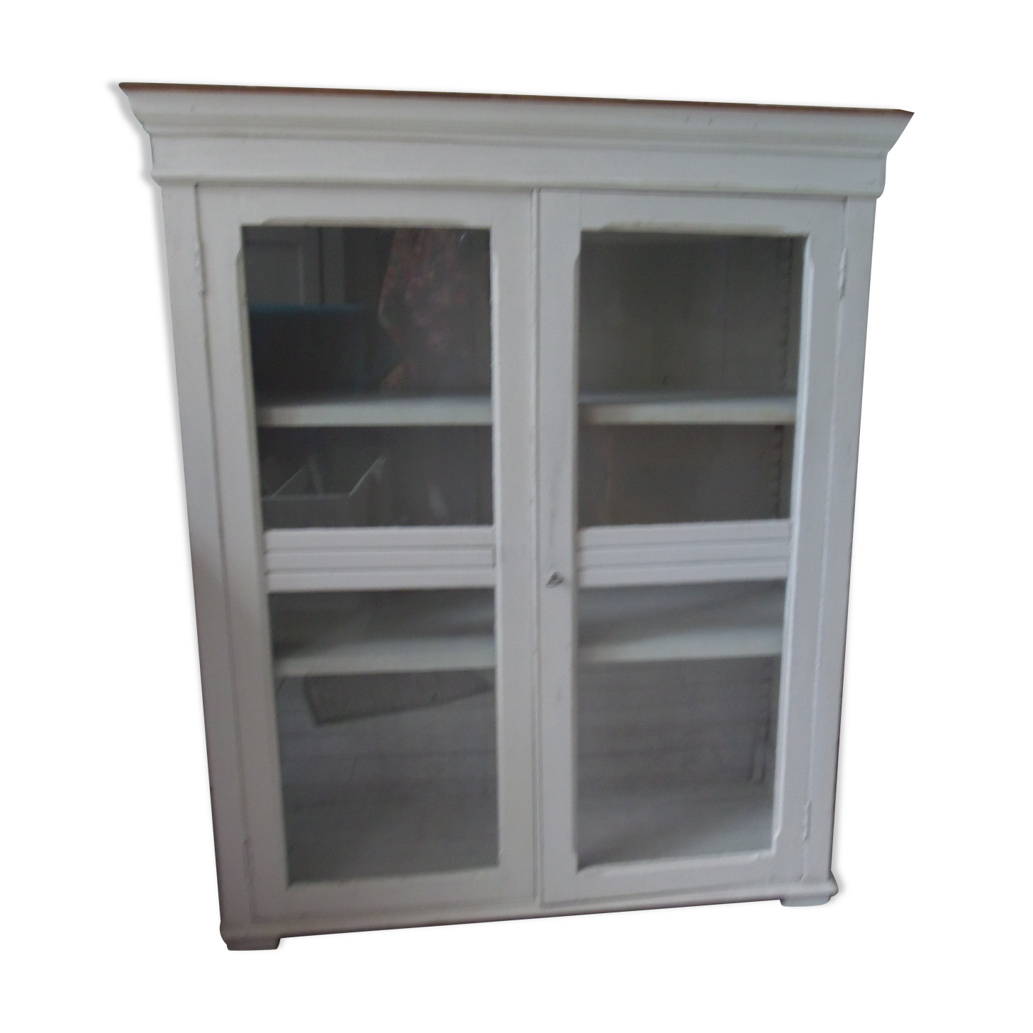 Showcase, bookcase, vintage pearl grey patinated cupboard, wooden top.
