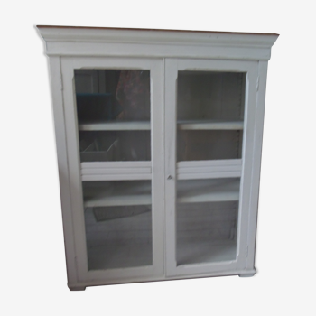 Showcase, bookcase, vintage pearl grey patinated cupboard, wooden top.